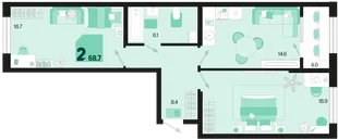 Планировка 2-комн. квартира, 68.7 м² ЖК «Первое место»
