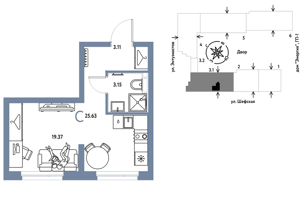 Планировка Студия, 25.63 м² ЖК «Страна.Энтузиастов»