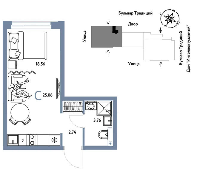 Планировка Студия, 25.06 м² ЖК «Микрорайон Домашний»