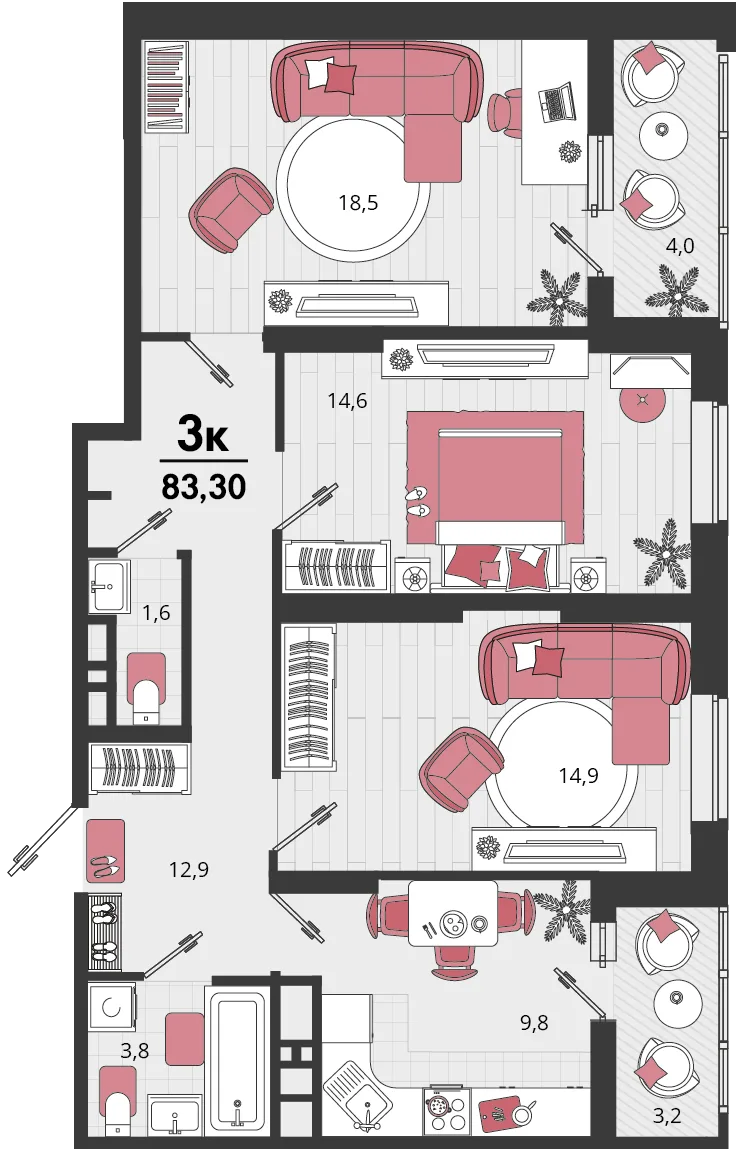 Планировка 3-комн. квартира, 83.3 м² ЖК «Родные просторы»