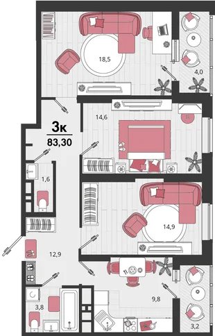 Планировка 3-комн. квартира, 83.3 м² ЖК «Родные просторы»