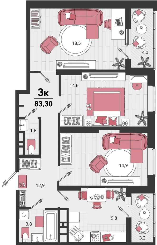 Планировка 3-комн. квартира, 83.1 м² ЖК «Родные просторы» Планировка 3-комн. квартира, 83.1 м² ЖК «Родные просторы»