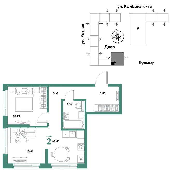Планировка 2-комн. квартира, 44.35 м² ЖК «Уральский сад» Планировка 2-комн. квартира, 44.35 м² ЖК «Уральский сад»