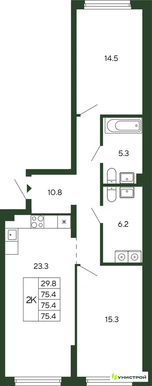 Планировка 2-комн. квартира, 75.4 м² ЖК «Парковый квартал 2.0»