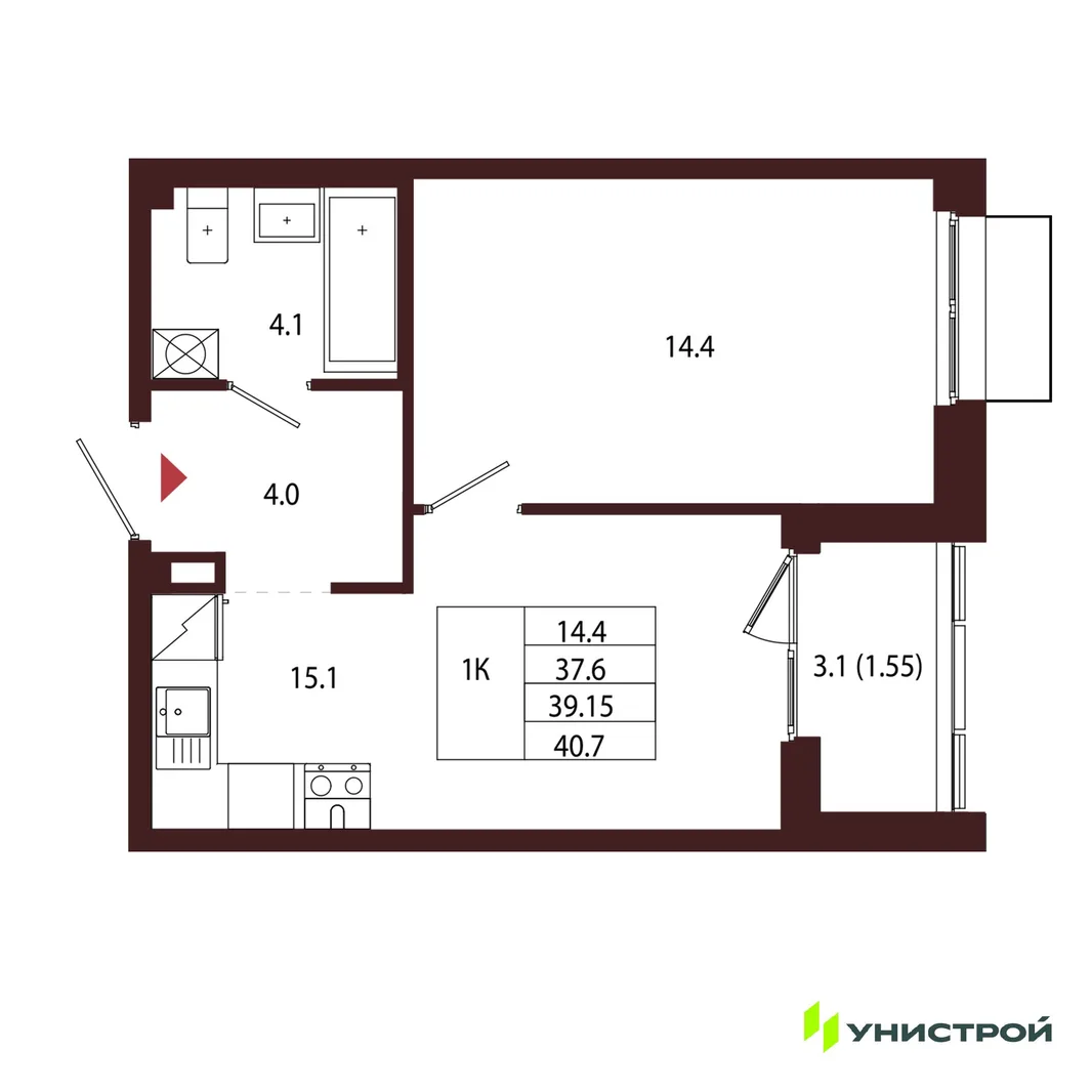 Планировка 1-комн. квартира, 39.15 м² ЖК «Лисино»