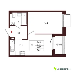 Планировка 1-комн. квартира, 39.15 м² ЖК «Лисино»
