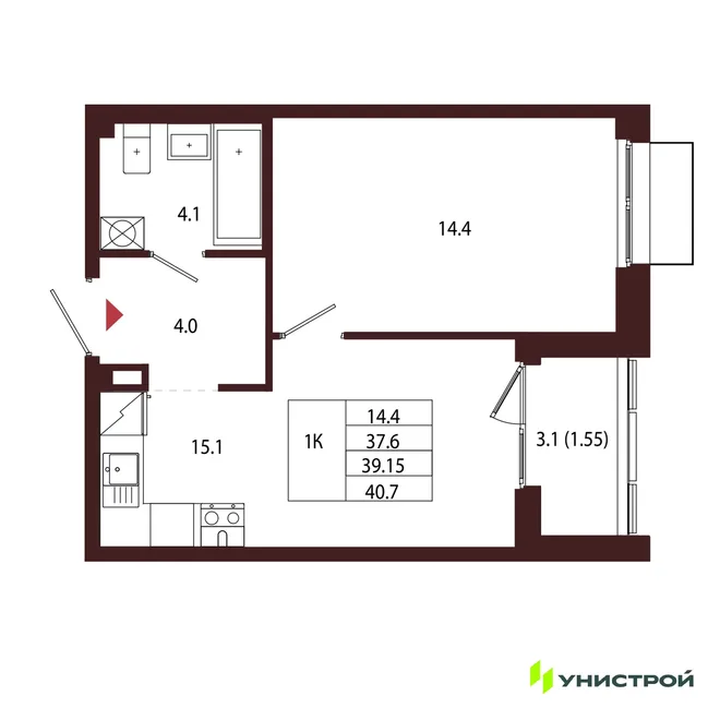 Планировка 1-комн. квартира, 39.15 м² ЖК «Лисино» Планировка 1-комн. квартира, 39.15 м² ЖК «Лисино»