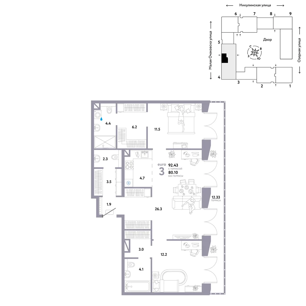 Планировка 3-комн. квартира, 92.43 м² ЖК «Страна.Озёрная»