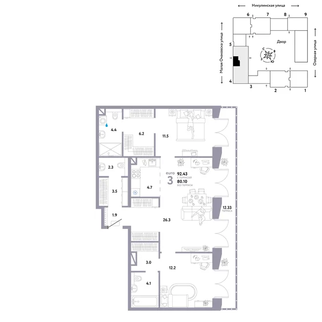 Планировка 3-комн. квартира, 92.43 м² ЖК «Страна.Озёрная» Планировка 3-комн. квартира, 92.43 м² ЖК «Страна.Озёрная»