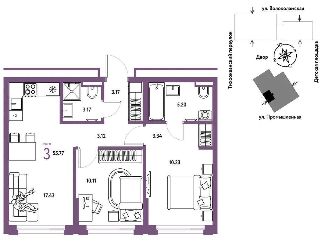 Планировка 3-комн. квартира, 55.77 м² ЖК «Страна Прибрежная»