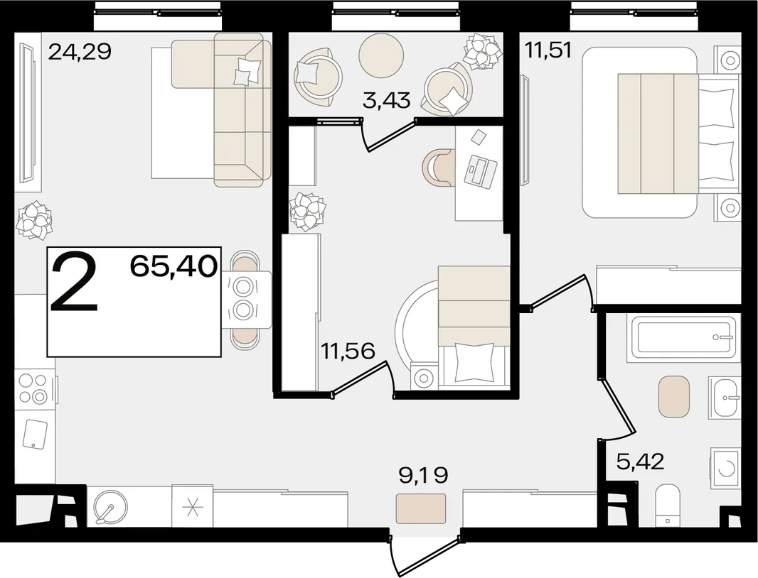 Планировка 2-комн. квартира, 65.4 м² ЖК «Патрики»