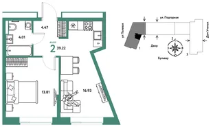 Планировка 2-комн. квартира, 39.31 м² ЖК «Авторский»