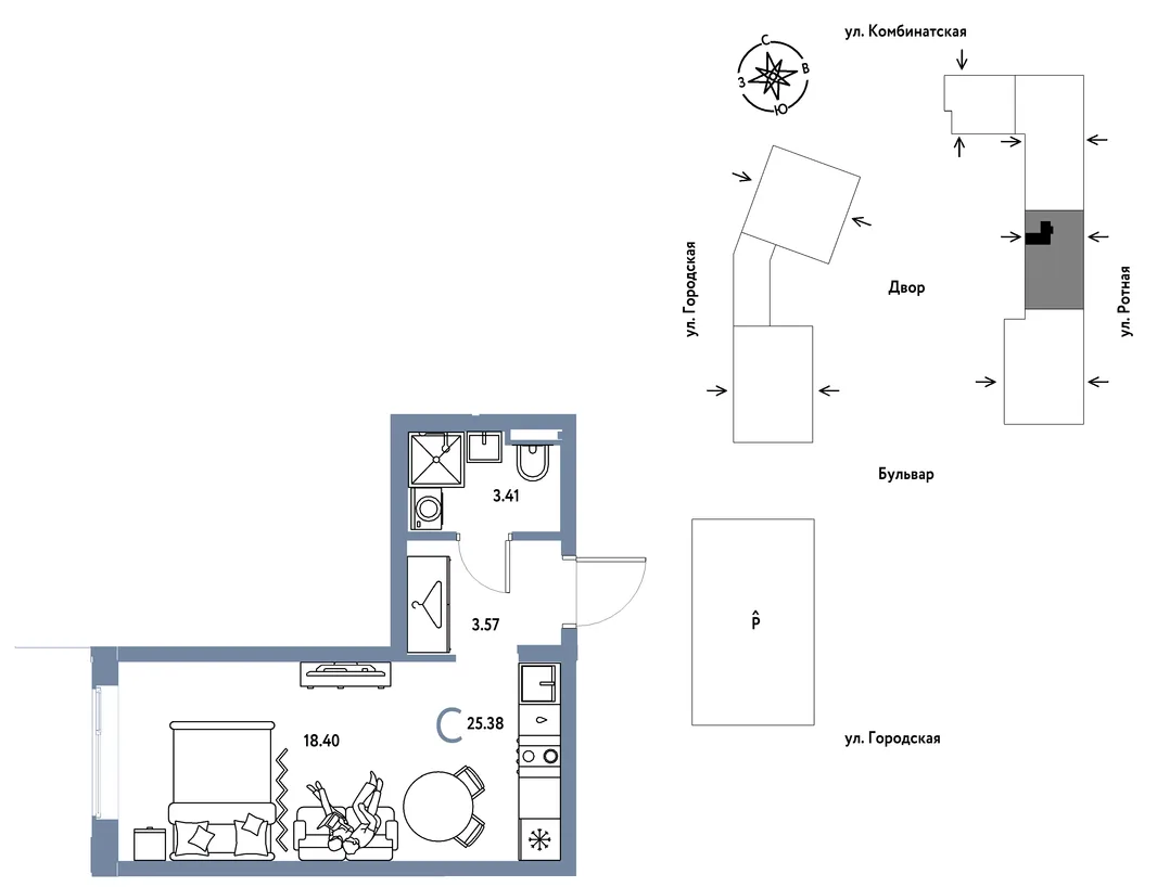 Планировка Студия, 25.38 м² ЖК «Уральский сад»