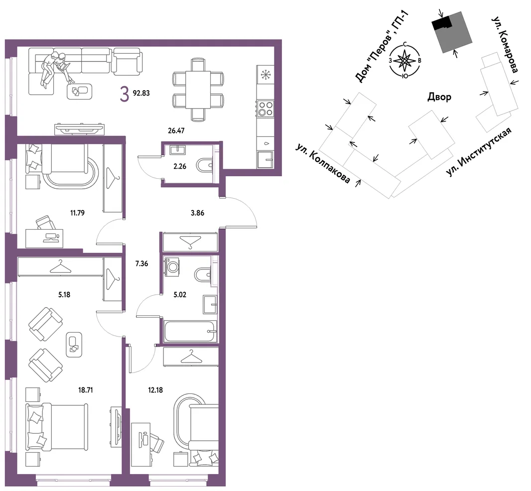 Планировка 3-комн. квартира, 92.83 м² ЖК «Страна.Парковая»