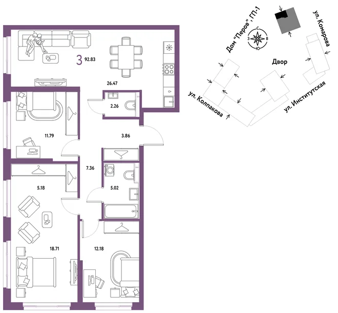 Планировка 3-комн. квартира, 92.83 м² ЖК «Страна.Парковая» Планировка 3-комн. квартира, 92.83 м² ЖК «Страна.Парковая»