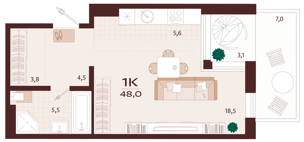 Планировка 1-комн. квартира, 48 м² ЖК «Роялта»