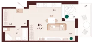 Планировка 1-комн. квартира, 48 м² ЖК «Роялта»