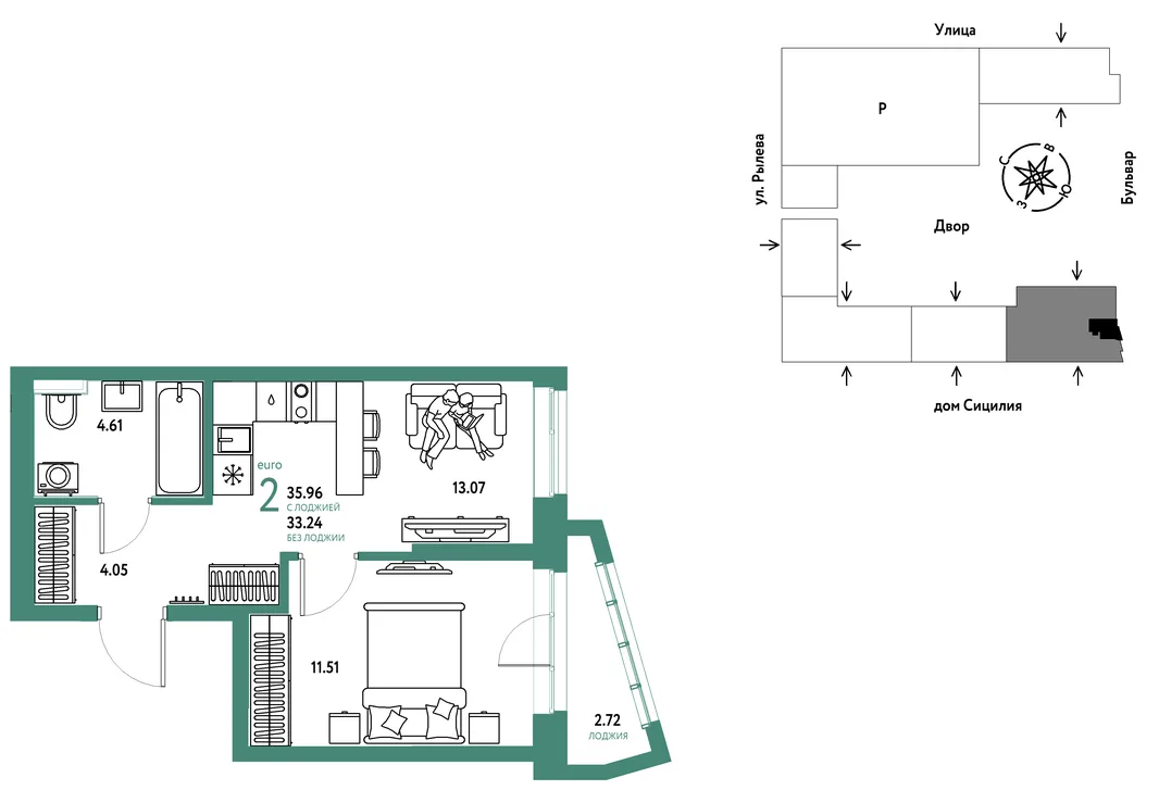 Планировка 2-комн. квартира, 35.96 м² ЖК «Остров-сад»