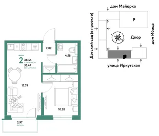 Планировка 2-комн. квартира, 38.44 м² ЖК «Остров-сад»