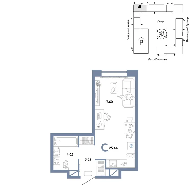 Планировка Студия, 25.44 м² ЖК «Юнион»