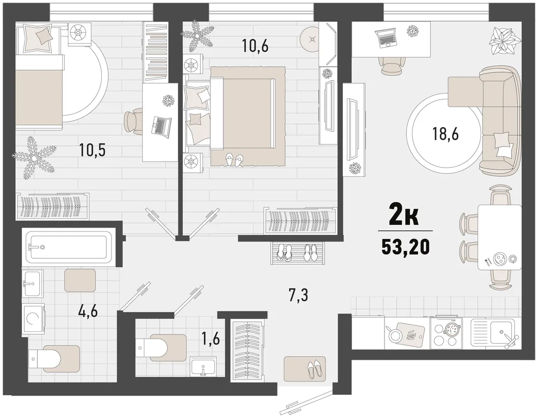 Планировка 2-комн. квартира, 53.2 м² ЖК «Барса»