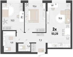 Планировка 2-комн. квартира, 53.2 м² ЖК «Барса»