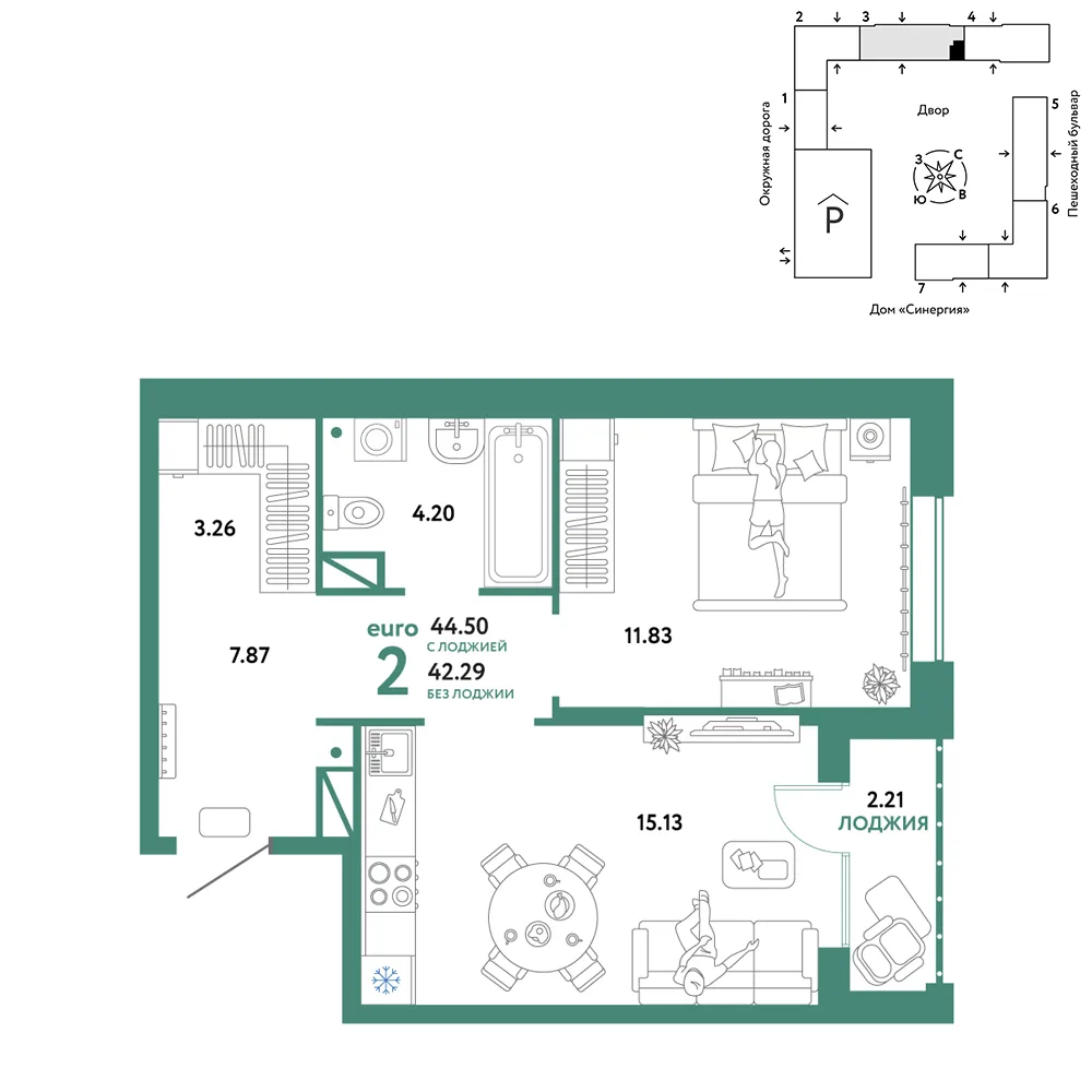Планировка 2-комн. квартира, 44.5 м² ЖК «Юнион»