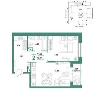 Планировка 2-комн. квартира, 44.5 м² ЖК «Юнион»