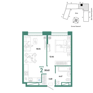 Планировка 2-комн. квартира, 38.65 м² ЖК «Микрорайон Домашний»