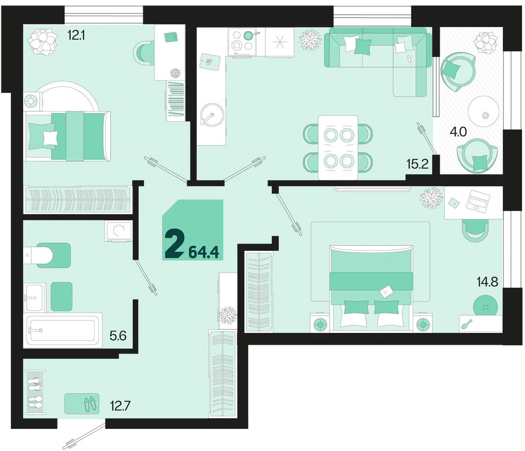 Планировка 2-комн. квартира, 64.4 м² ЖК «Первое место»