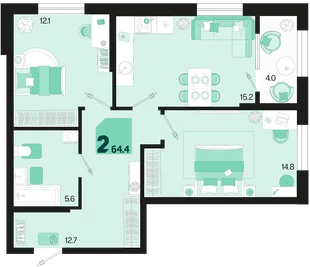 Планировка 2-комн. квартира, 64.4 м² ЖК «Первое место»