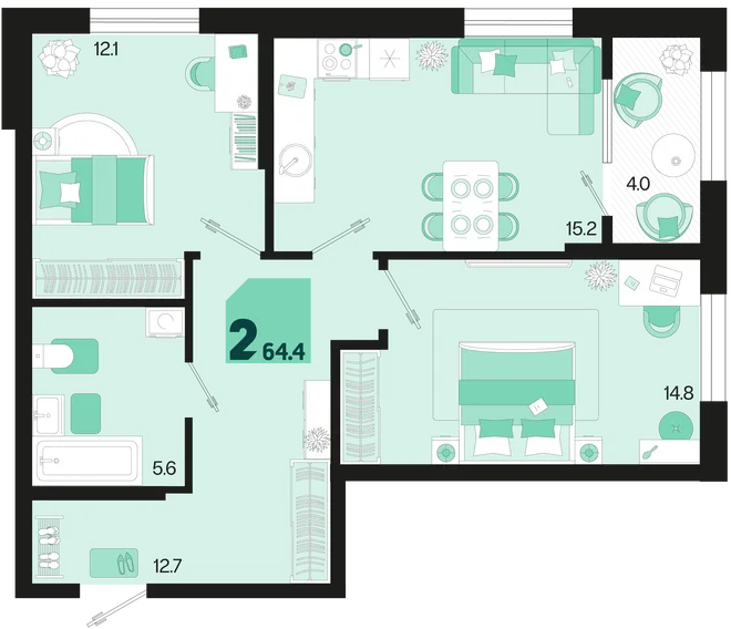 Планировка 2-комн. квартира, 64.4 м² ЖК «Первое место»