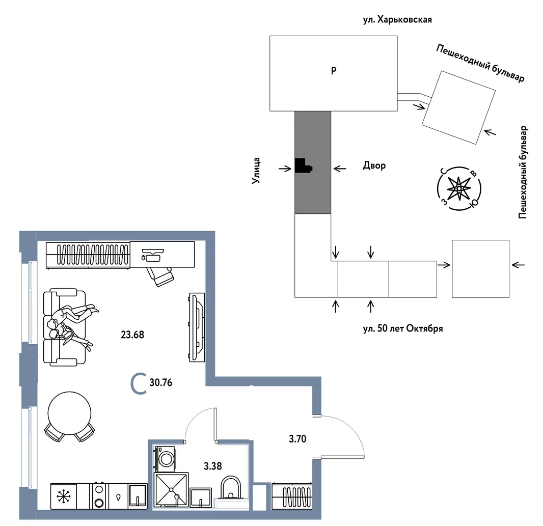 Планировка Студия, 30.76 м² ЖК «Сердце Сибири»