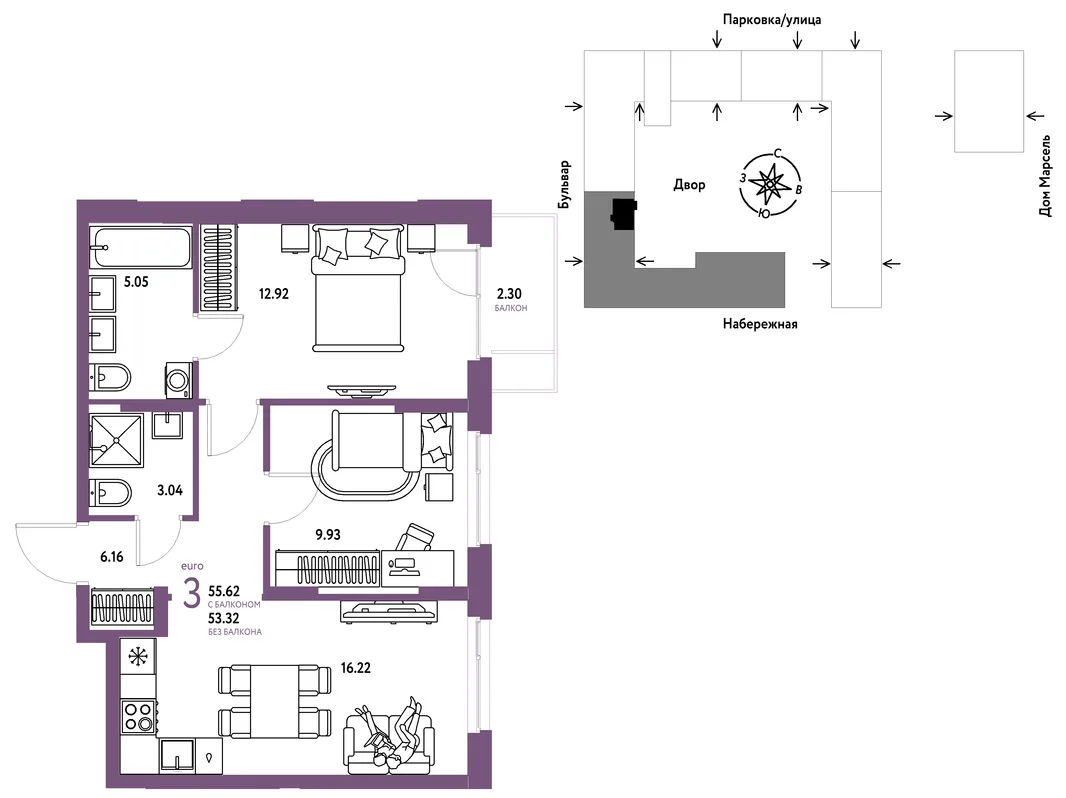 Планировка 3-комн. квартира, 55.62 м² ЖК «Европейский берег 2.0»