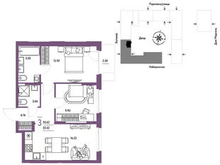 Планировка 3-комн. квартира, 55.62 м² ЖК «Европейский берег 2.0»