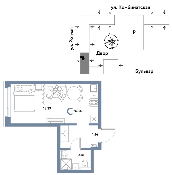 Планировка Студия, 26.34 м² ЖК «Уральский сад» Планировка Студия, 26.34 м² ЖК «Уральский сад»