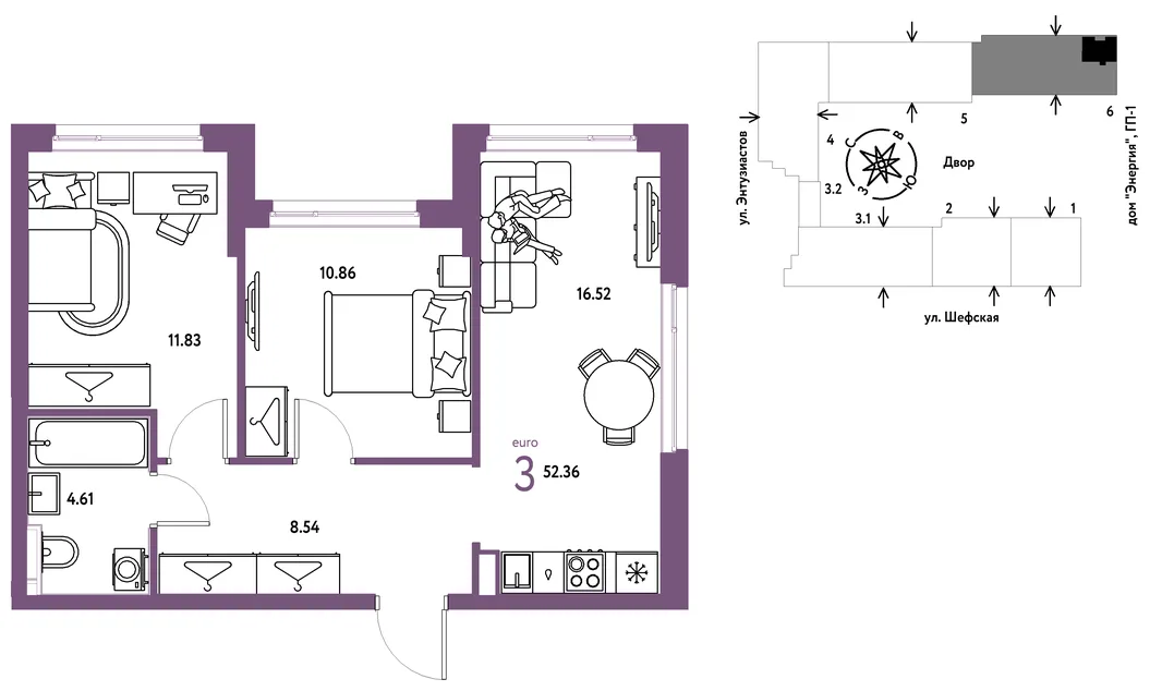 Планировка 3-комн. квартира, 52.36 м² ЖК «Страна.Энтузиастов»