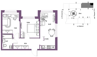 Планировка 3-комн. квартира, 52.36 м² ЖК «Страна.Энтузиастов»