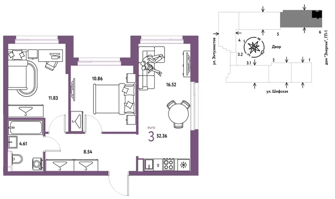 Планировка 3-комн. квартира, 52.36 м² ЖК «Страна.Энтузиастов»