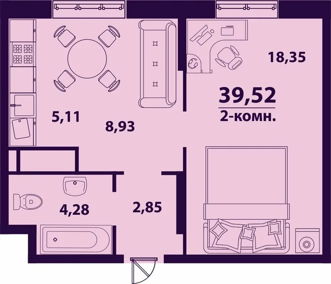 Планировка 2-комн. квартира, 39.52 м² ЖК «Сиреневый» Планировка 2-комн. квартира, 39.52 м² ЖК «Сиреневый»