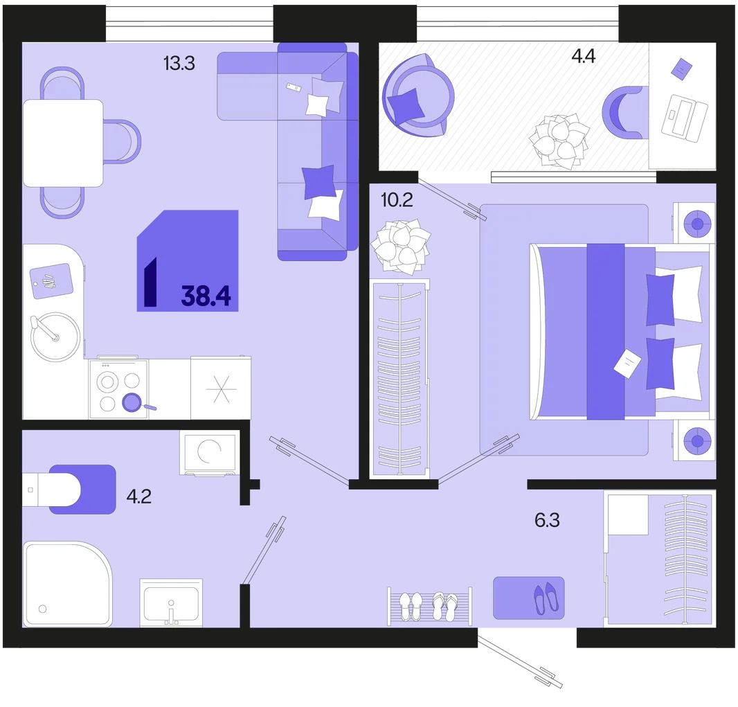 Планировка 1-комн. квартира, 38.4 м² ЖК «Первое место»