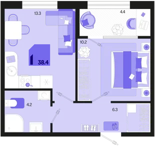Планировка 1-комн. квартира, 38.4 м² ЖК «Первое место»