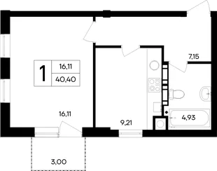 Планировка 1-комн. квартира, 40.4 м² ЖК «Кубики»