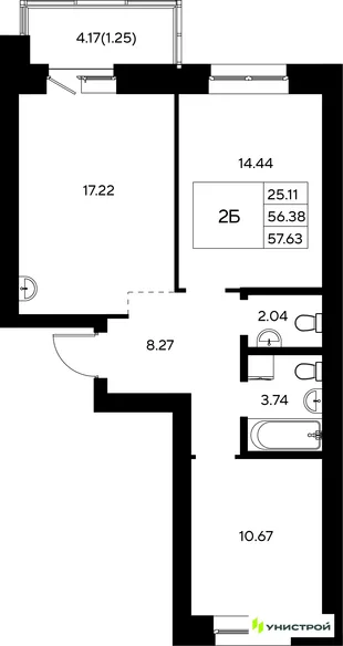 Планировка 2-комн. квартира, 57.63 м² ЖК «Царёво City»