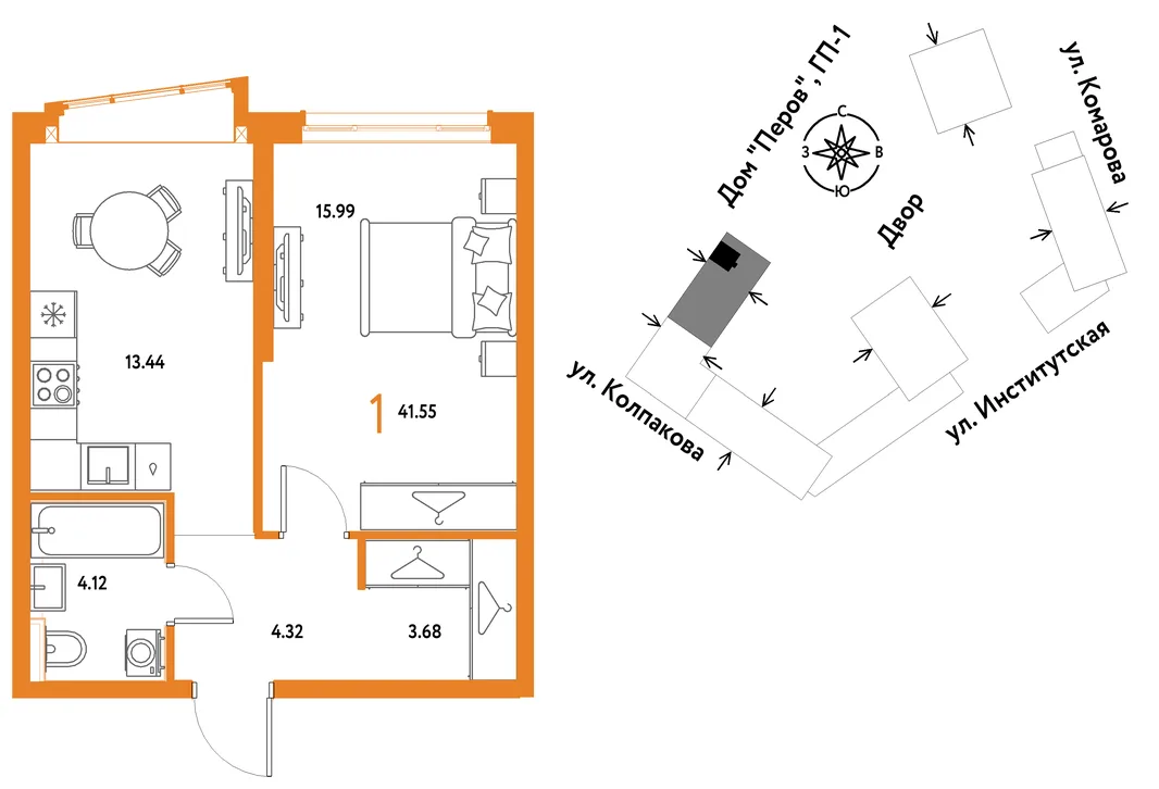 Планировка 1-комн. квартира, 41.55 м² ЖК «Страна.Парковая»