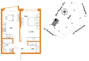 Планировка 1-комн. квартира, 41.55 м² ЖК «Страна.Парковая»