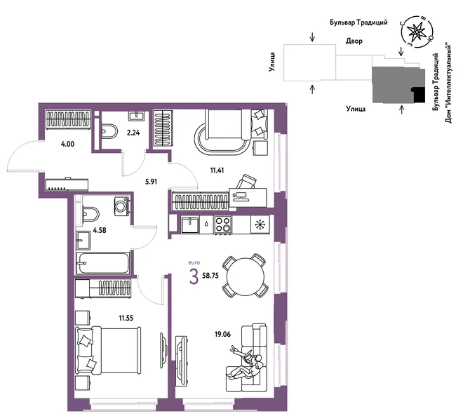 Планировка 3-комн. квартира, 58.75 м² ЖК «Микрорайон Домашний»