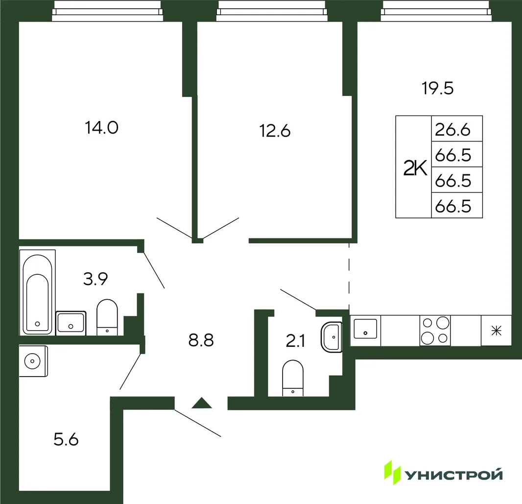 Планировка 2-комн. квартира, 66.5 м² ЖК «Парковый квартал 2.0»