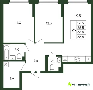 Планировка 2-комн. квартира, 66.5 м² ЖК «Парковый квартал 2.0»