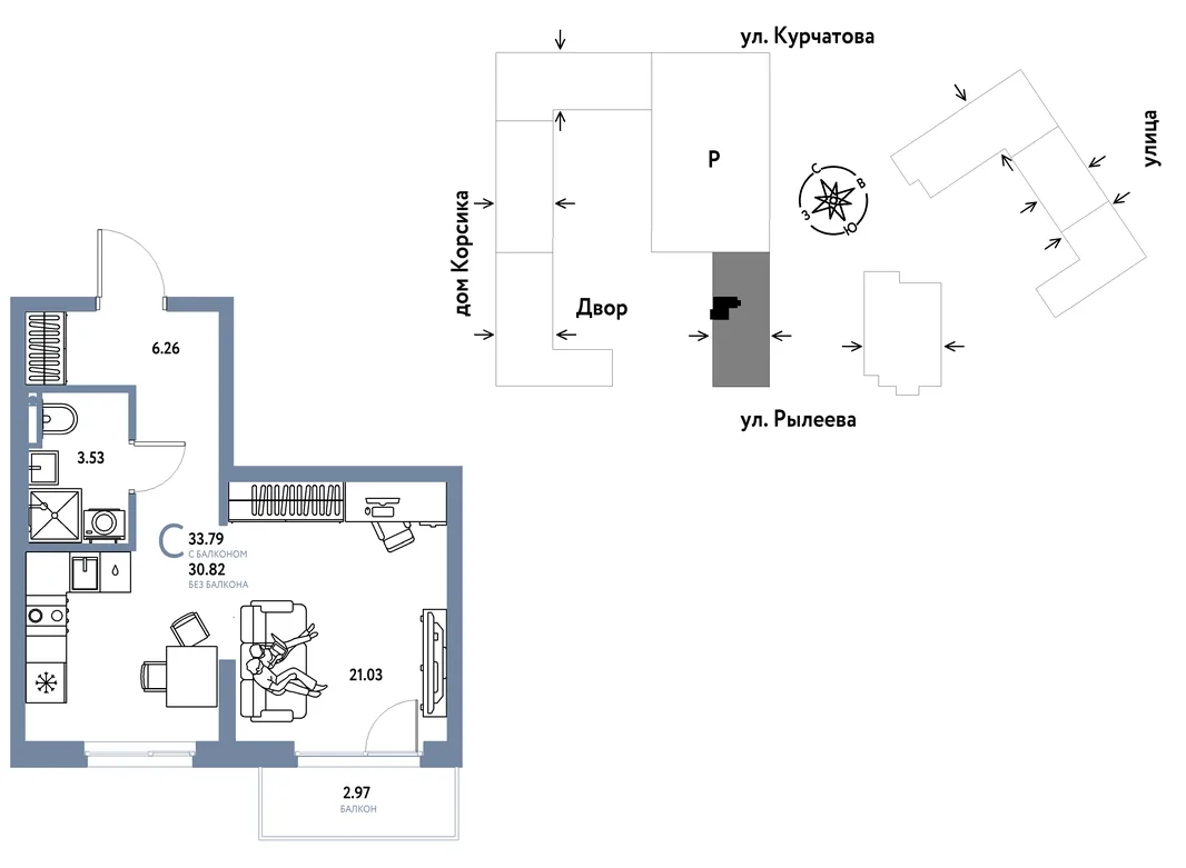 Планировка Студия, 33.78 м² ЖК «Остров-сад»